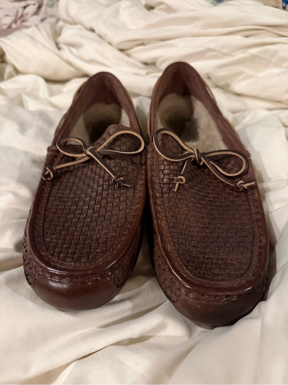 UGG Men's Brown Woven Leather Slip-On Loafers EUC